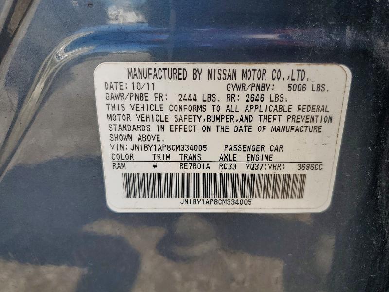 59795946 :رقم المزاد ، JN1BY1AP8CM334005 vin ، 2012 Infiniti M37 مزاد بيع