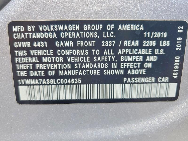 2020 Volkswagen Passat მანქანა იყიდება აუქციონზე, vin: 1VWMA7A36LC004635, აუქციონის ნომერი: 60324356