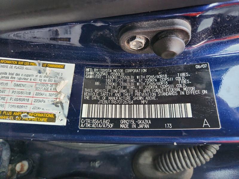 Продаж на аукціоні авто 2007 Toyota 4runner, vin: JTEBU17R670126764, номер лоту: 62170806