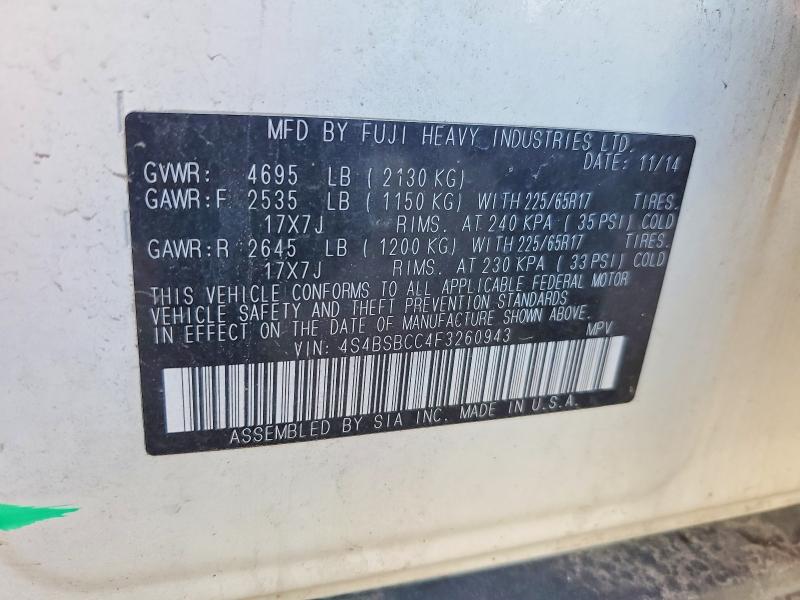 2015 Subaru Outback მანქანა იყიდება აუქციონზე, vin: 4S4BSBCC4F3260943, აუქციონის ნომერი: 61970506