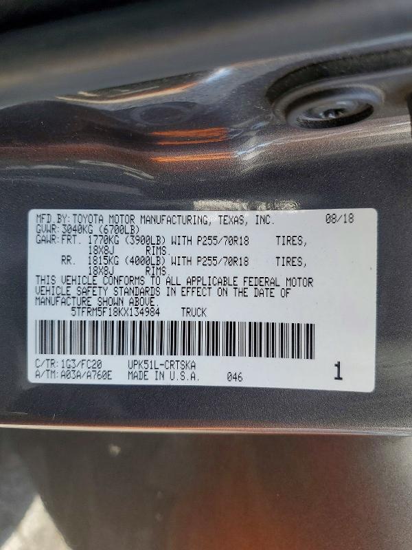 2019 Toyota Tundra მანქანა იყიდება აუქციონზე, vin: 5TFRM5F18KX134984, აუქციონის ნომერი: 61730846
