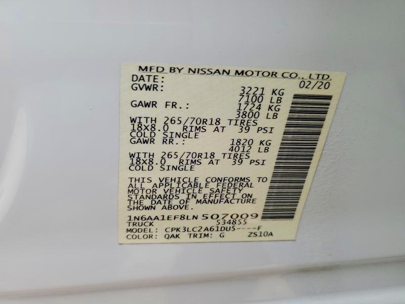 2020 Nissan Titan მანქანა იყიდება აუქციონზე, vin: 1N6AA1EF8LN507009, აუქციონის ნომერი: 62613036