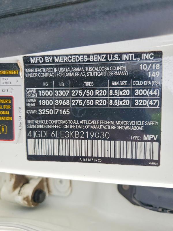 60374016 :رقم المزاد ، 4JGDF6EE3KB219030 vin ، 2019 Mercedes-benz Gls مزاد بيع