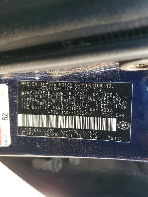 62916426 :رقم المزاد ، 4T1G11AK4NU665867 vin ، 2022 Toyota Camry مزاد بيع