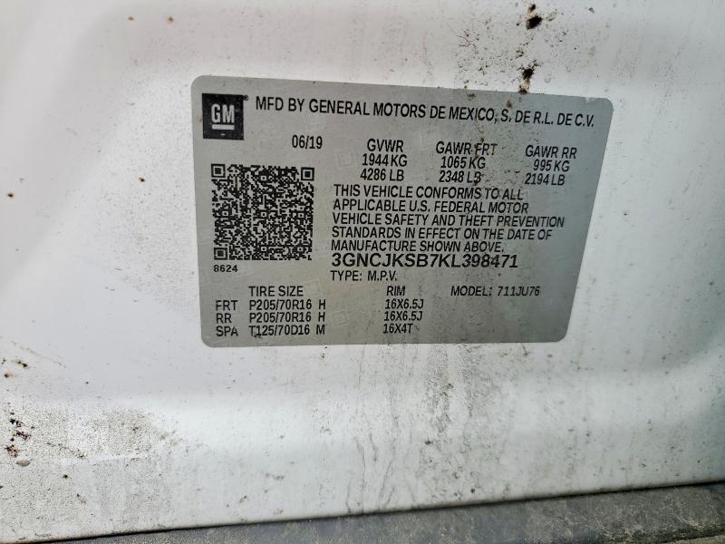 2019 Chevrolet Trax მანქანა იყიდება აუქციონზე, vin: 3GNCJKSB7KL398471, აუქციონის ნომერი: 61900936