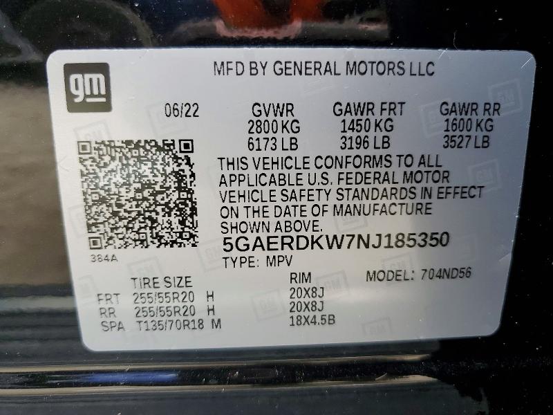 60974296 :رقم المزاد ، 5GAERDKW7NJ185350 vin ، 2022 Buick Enclave مزاد بيع