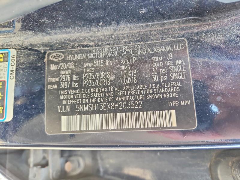 2008 Hyundai Santa Fe მანქანა იყიდება აუქციონზე, vin: 5NMSH13EX8H203522, აუქციონის ნომერი: 61619626