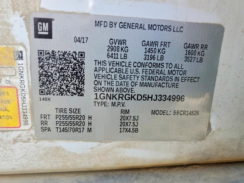 Aukcja sprzedaży 2017 Chevrolet Traverse, vin: 1GNKRGKD5HJ334996, numer aukcji: 60027506