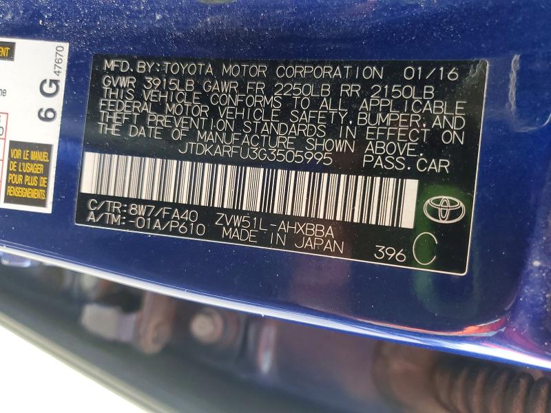 Продаж на аукціоні авто 2016 Toyota Prius, vin: JTDKARFU3G3505995, номер лоту: 61484476