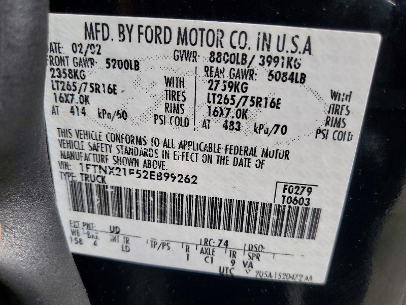 2002 Ford F250 მანქანა იყიდება აუქციონზე, vin: 1FTNX21F52EB99262, აუქციონის ნომერი: 63249636