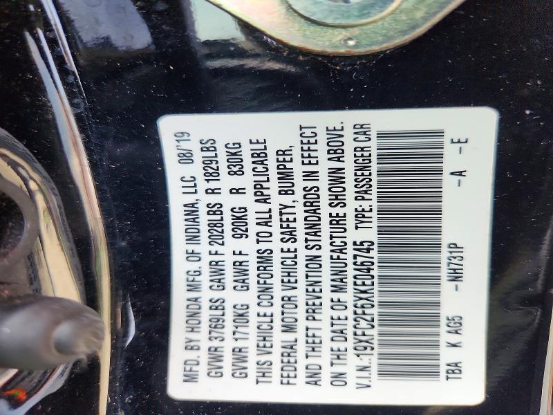 2019 Honda Civic მანქანა იყიდება აუქციონზე, vin: 19XFC2F6XKE046745, აუქციონის ნომერი: 61942496
