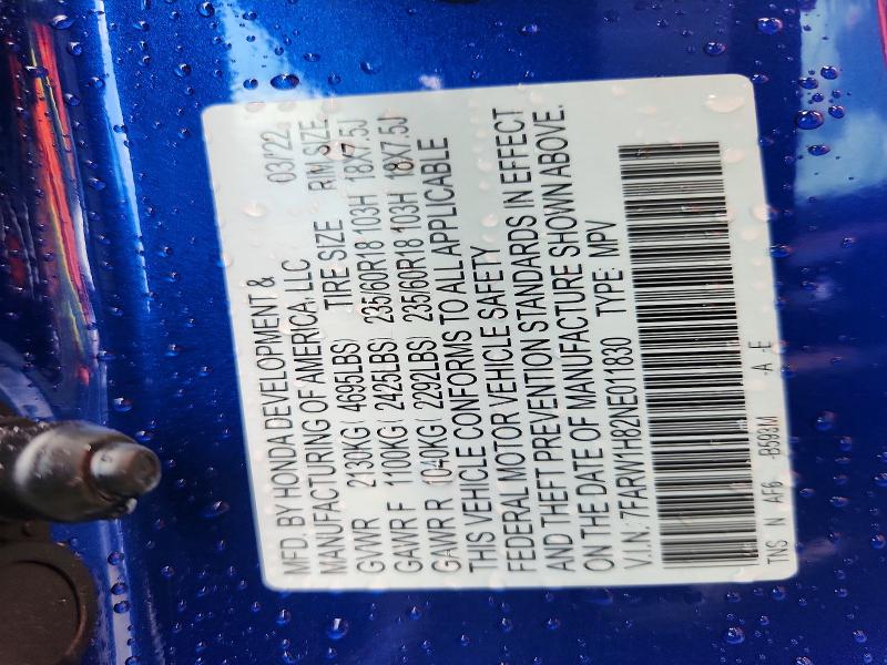2022 Honda Cr-v მანქანა იყიდება აუქციონზე, vin: 7FARW1H82NE011830, აუქციონის ნომერი: 59969156