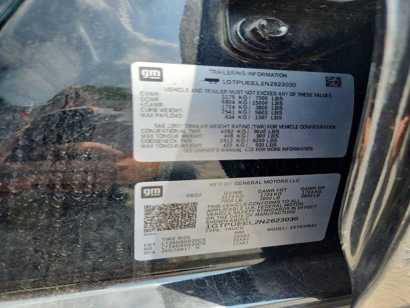 63299566 :رقم المزاد ، 1GTPUEEL2NZ623030 vin ، 2022 Gmc Sierra مزاد بيع