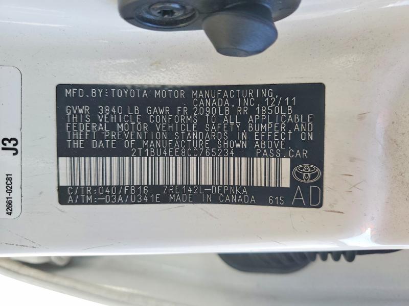 60623586 :رقم المزاد ، 2T1BU4EE8CC765234 vin ، 2012 Toyota Corolla مزاد بيع