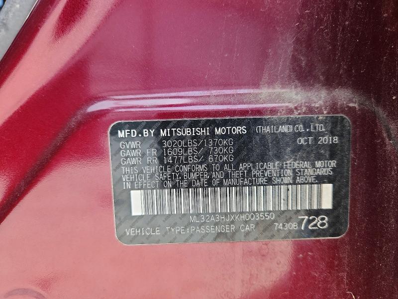 Aukcja sprzedaży 2019 Mitsubishi Mirage, vin: ML32A3HJXKH003550, numer aukcji: 59889896
