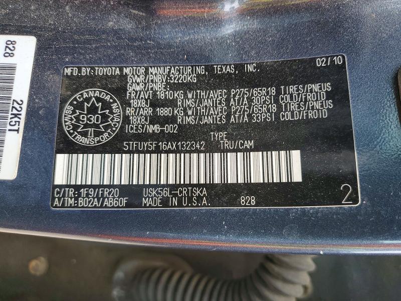 59639246 :رقم المزاد ، 5TFUY5F16AX132342 vin ، 2010 Toyota Tundra مزاد بيع