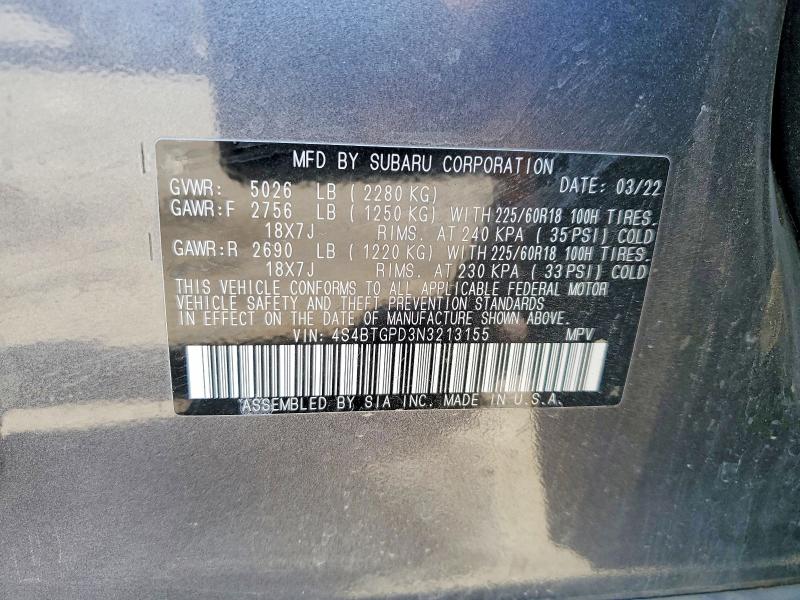 61186506 :رقم المزاد ، 4S4BTGPD3N3213155 vin ، 2022 Subaru Outback مزاد بيع
