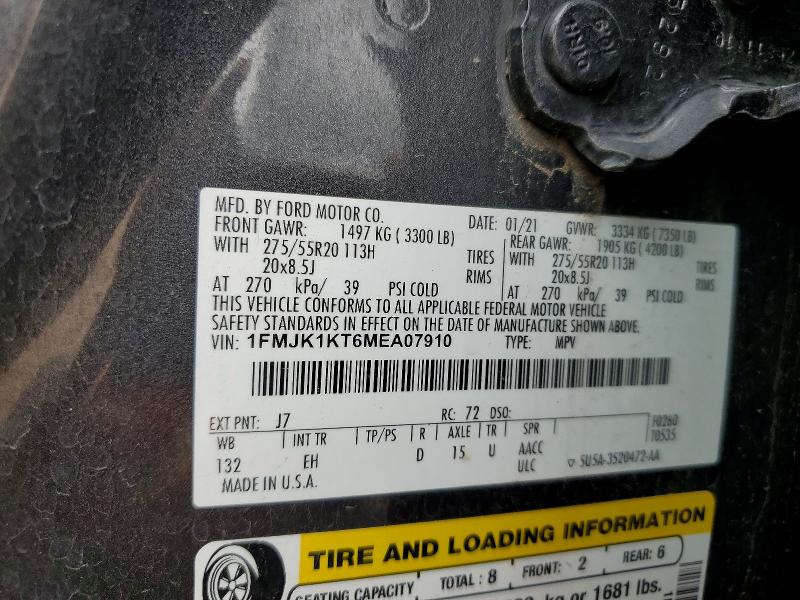2021 Ford Expedition მანქანა იყიდება აუქციონზე, vin: 1FMJK1KT6MEA07910, აუქციონის ნომერი: 57810136