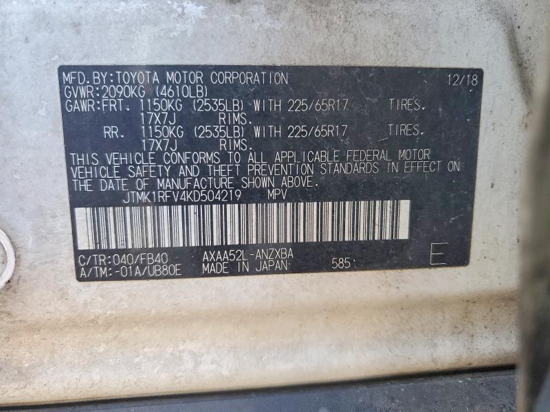 59920606 :رقم المزاد ، JTMK1RFV4KD504219 vin ، 2019 Toyota Rav4 مزاد بيع