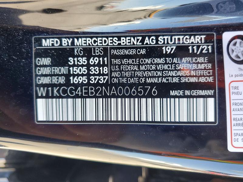 63143666 :رقم المزاد ، W1KCG4EB2NA006576 vin ، 2022 Mercedes-benz Eqs Sedan مزاد بيع