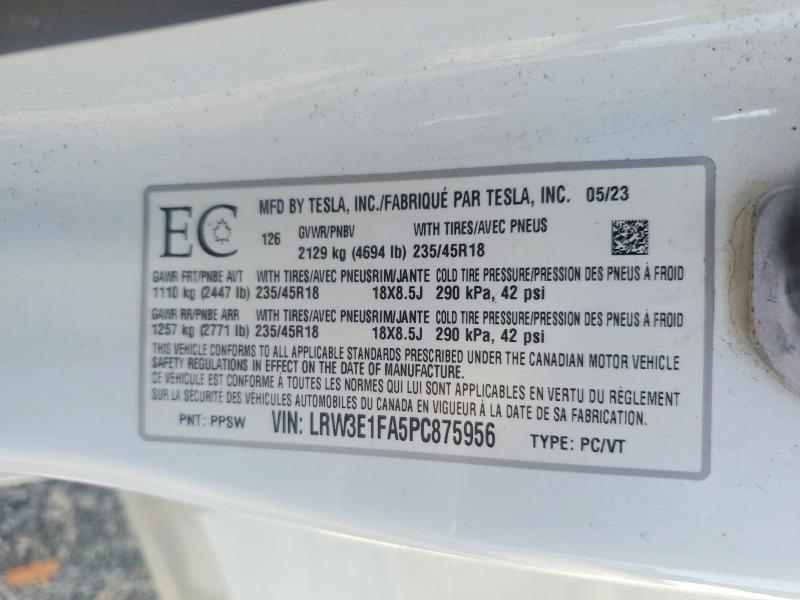 2023 Tesla Model 3 მანქანა იყიდება აუქციონზე, vin: LRW3E1FA5PC875956, აუქციონის ნომერი: 85454865