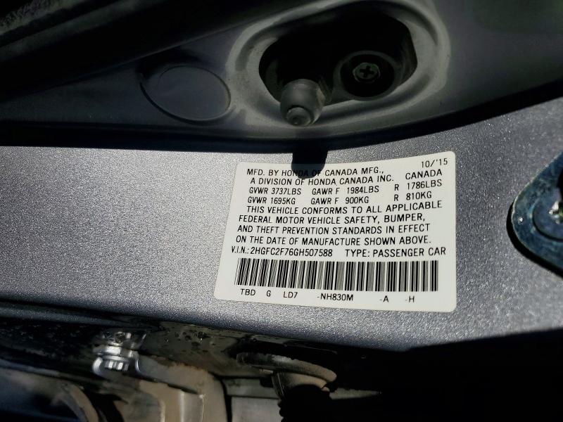 Продаж на аукціоні авто 2016 Honda Civic, vin: 2HGFC2F76GH507588, номер лоту: 60707306