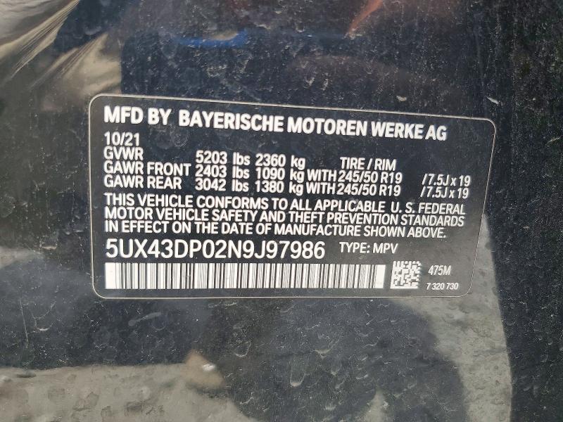 60381016 :رقم المزاد ، 5UX43DP02N9J97986 vin ، 2022 Bmw X3 مزاد بيع