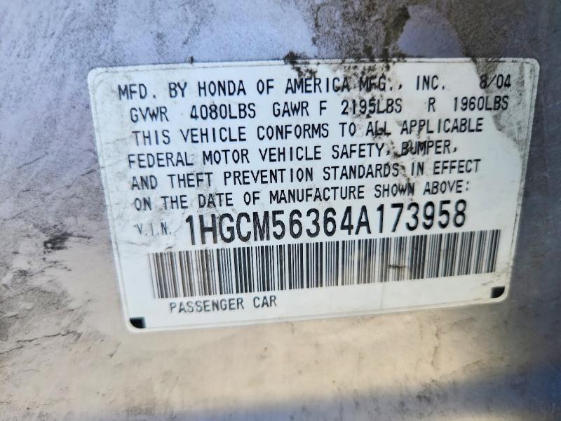 Aukcja sprzedaży 2004 Honda Accord, vin: 1HGCM56364A173958, numer aukcji: 59177996