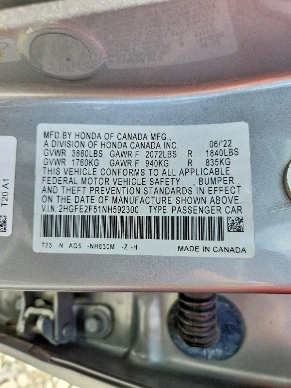 Продаж на аукціоні авто 2022 Honda Civic, vin: 2HGFE2F51NH592300, номер лоту: 62971566