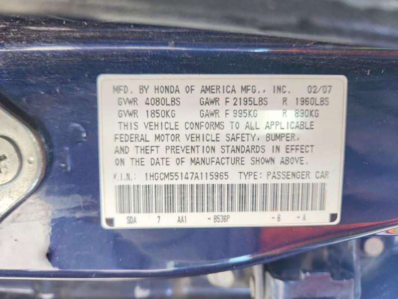 Auction sale of the 2007 Honda Accord, vin: 1HGCM55147A115965, lot number: 63201516