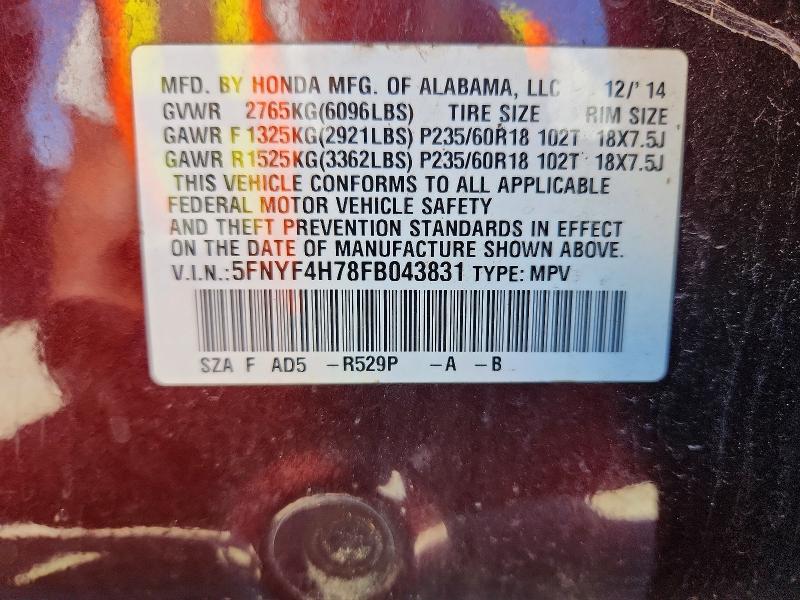 Aukcja sprzedaży 2015 Honda Pilot, vin: 5FNYF4H78FB043831, numer aukcji: 59862196