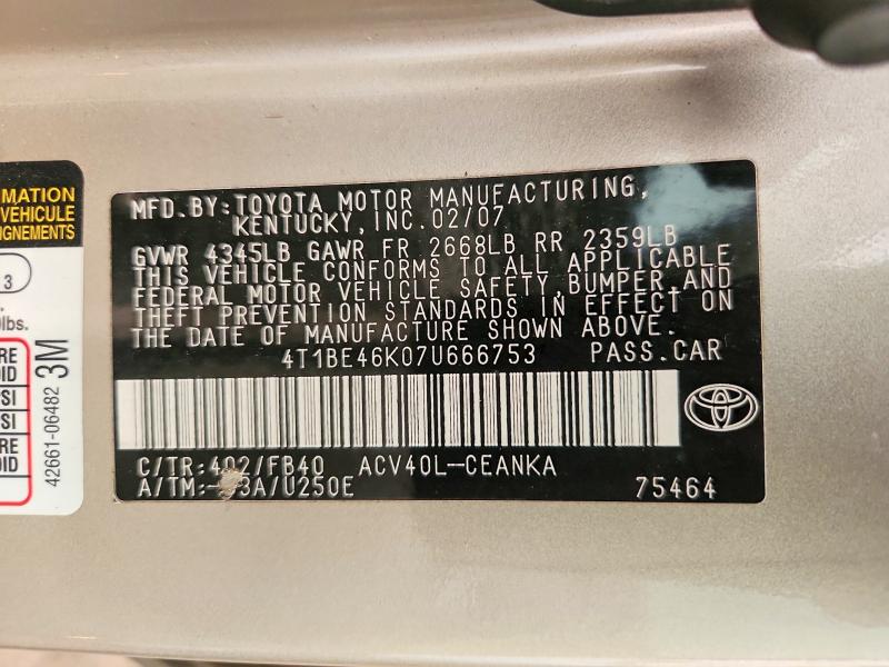 Продаж на аукціоні авто 2007 Toyota Camry, vin: 4T1BE46K07U666753, номер лоту: 60570976