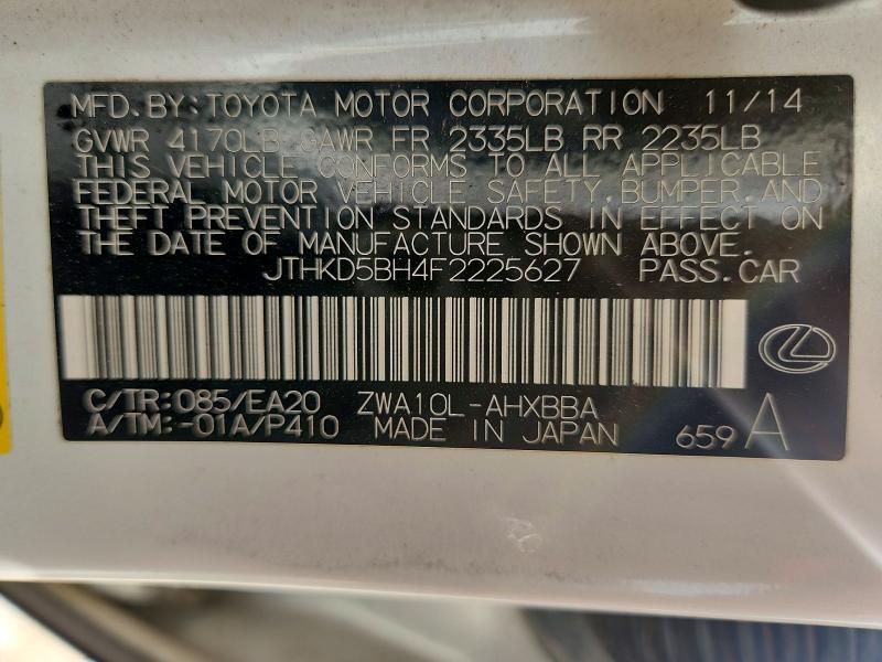 2015 Lexus Ct მანქანა იყიდება აუქციონზე, vin: JTHKD5BH4F2225627, აუქციონის ნომერი: 63026666