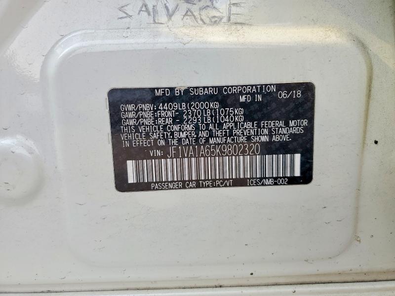 2019 Subaru Wrx მანქანა იყიდება აუქციონზე, vin: JF1VA1A65K9802320, აუქციონის ნომერი: 59221216