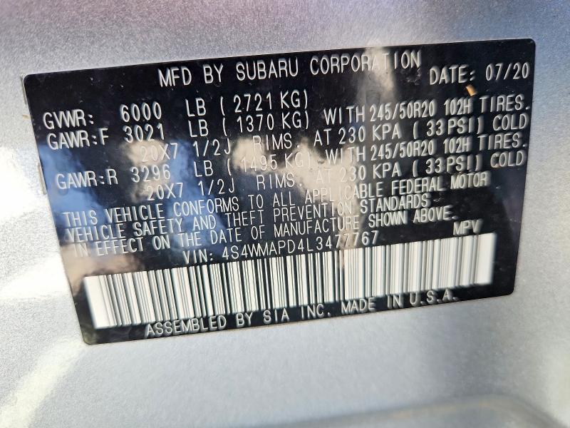 60722156 :رقم المزاد ، 4S4WMAPD4L3477767 vin ، 2020 Subaru Ascent مزاد بيع