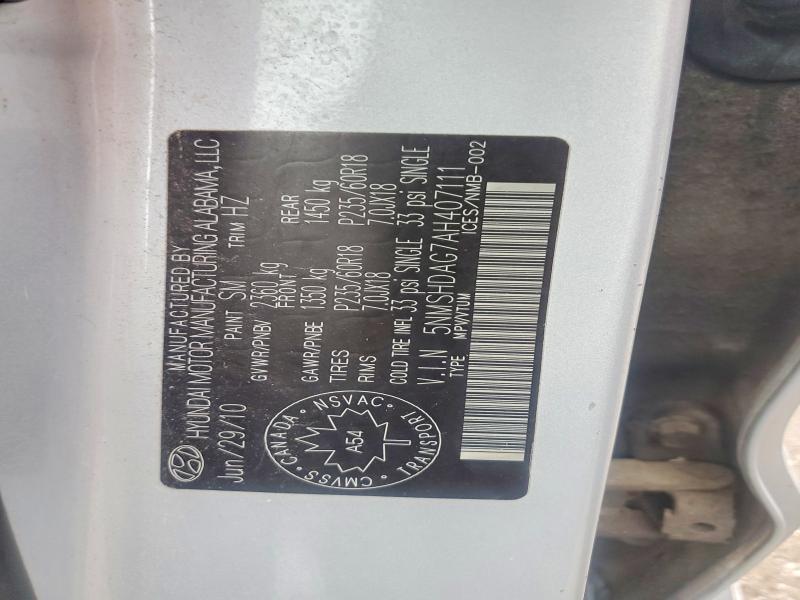 2010 Hyundai Santa Fe მანქანა იყიდება აუქციონზე, vin: 5NMSHDAG7AH407111, აუქციონის ნომერი: 62404726