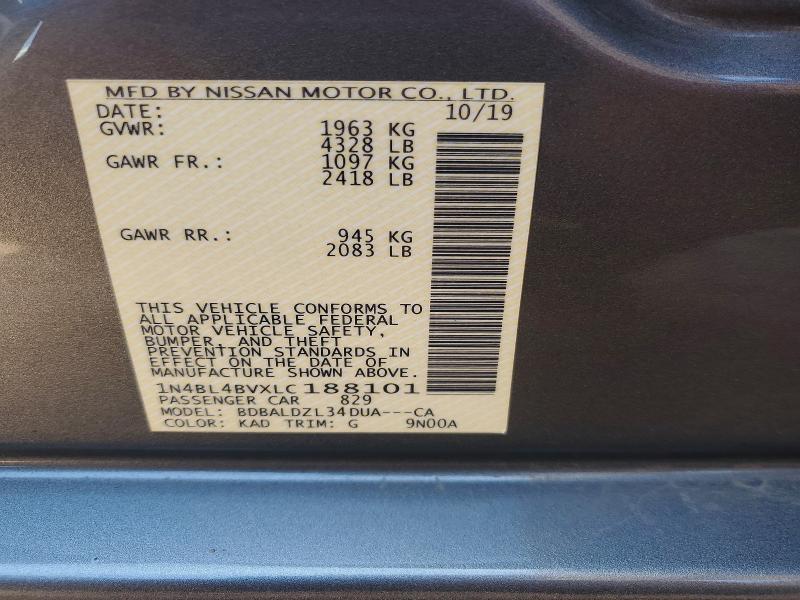 2020 Nissan Altima მანქანა იყიდება აუქციონზე, vin: 1N4BL4BVXLC188101, აუქციონის ნომერი: 60046506