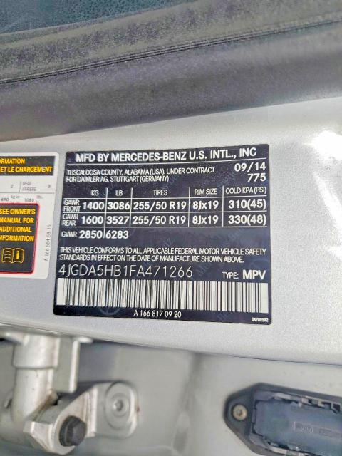 2015 Mercedes-benz Ml მანქანა იყიდება აუქციონზე, vin: 4JGDA5HB1FA471266, აუქციონის ნომერი: 59732086