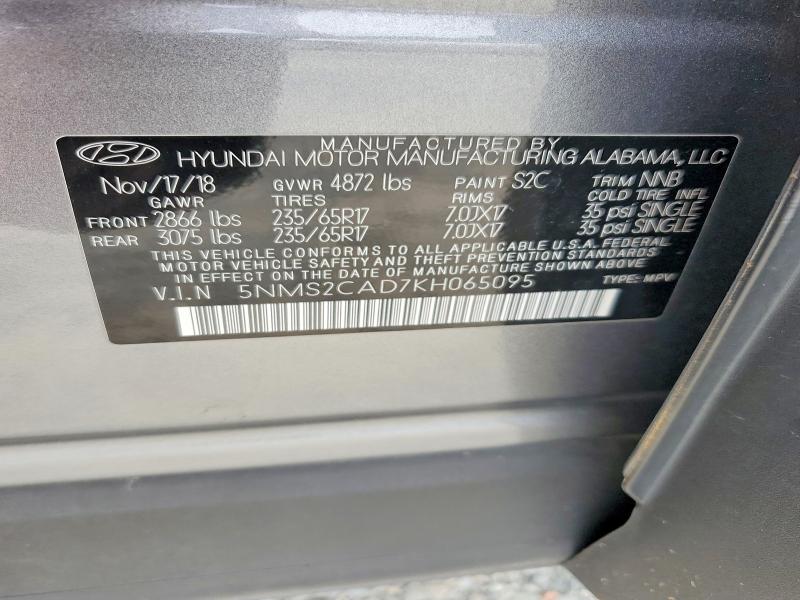 2019 Hyundai Santa Fe მანქანა იყიდება აუქციონზე, vin: 5NMS2CAD7KH065095, აუქციონის ნომერი: 59701066