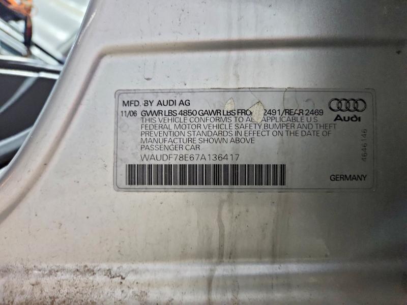 60275246 :رقم المزاد ، WAUDF78E67A136417 vin ، 2007 Audi A4 مزاد بيع