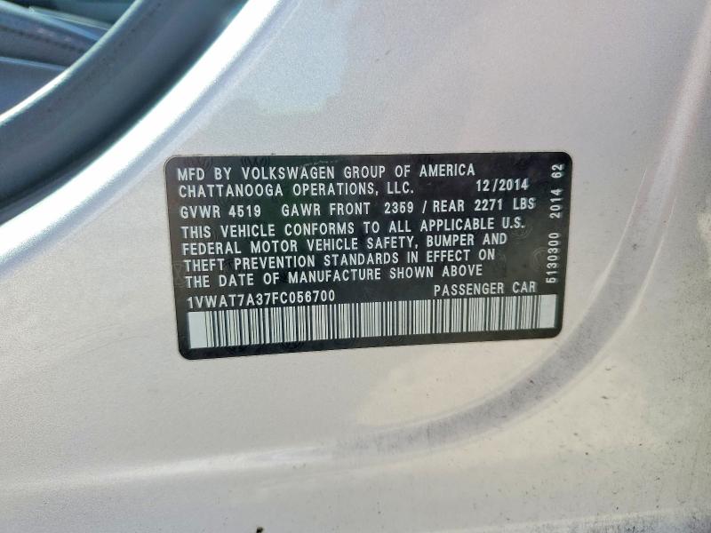 60672096 :رقم المزاد ، 1VWAT7A37FC056700 vin ، 2015 Volkswagen Passat مزاد بيع