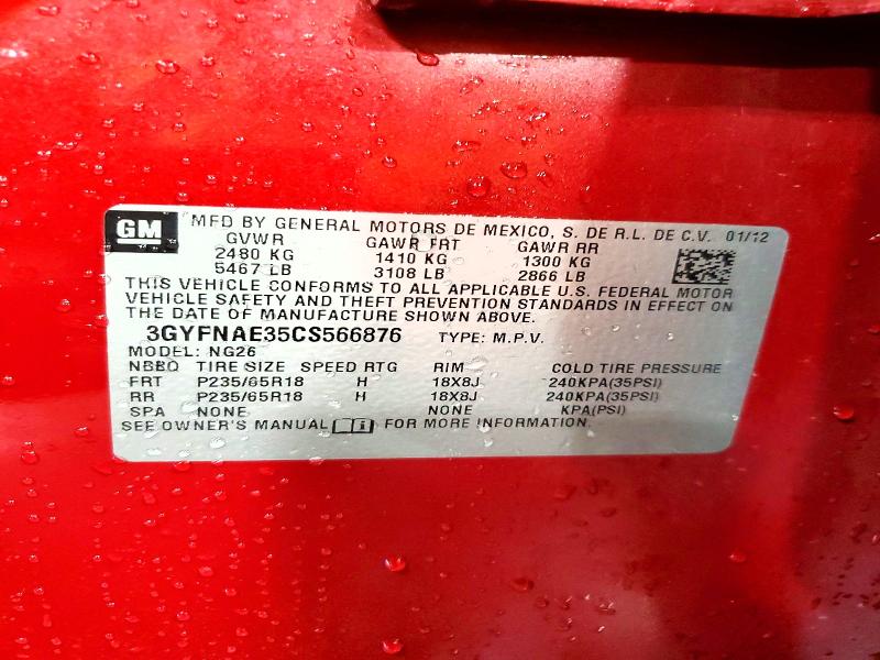 60930346 :رقم المزاد ، 3GYFNAE35CS566876 vin ، 2012 Cadillac Srx مزاد بيع