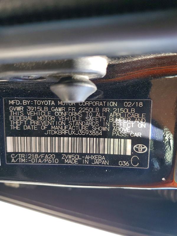 Auction sale of the 2018 Toyota Prius, vin: JTDKBRFUXJ3593884, lot number: 59910576