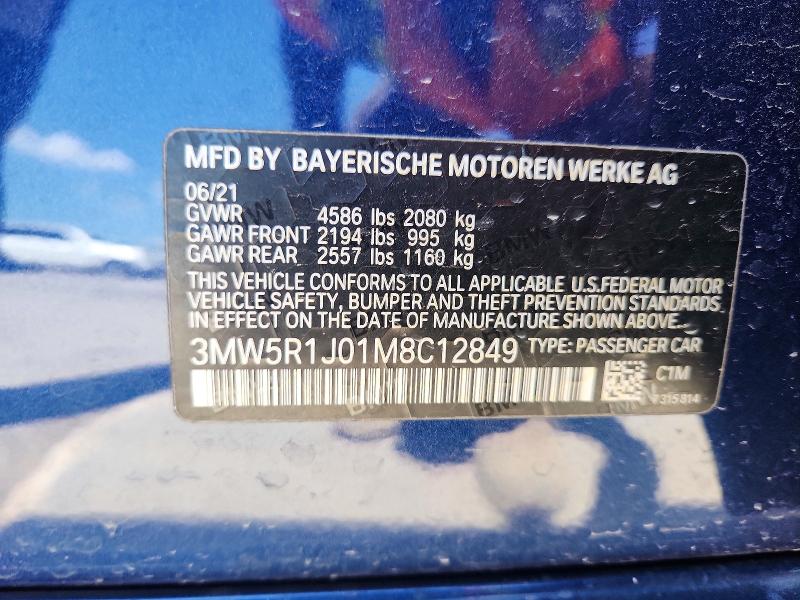 59555436 :رقم المزاد ، 3MW5R1J01M8C12849 vin ، 2021 Bmw 330i مزاد بيع