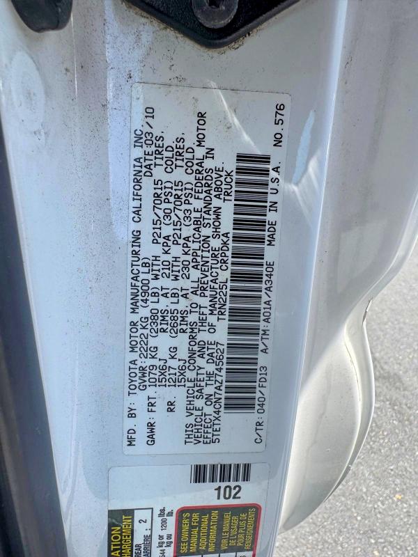 Продаж на аукціоні авто 2010 Toyota Tacoma, vin: 5TETX4CN7AZ745627, номер лоту: 63051306