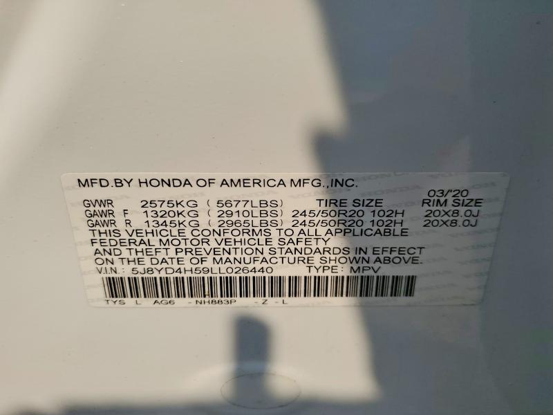 2020 Acura Mdx მანქანა იყიდება აუქციონზე, vin: 5J8YD4H59LL026440, აუქციონის ნომერი: 61807616