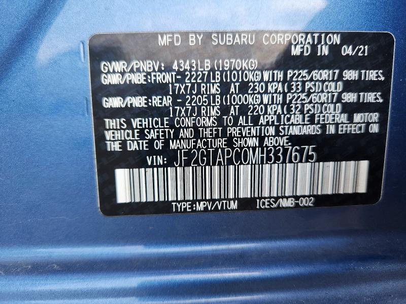 Продажа на аукционе авто 2021 Subaru Crosstrek, vin: JF2GTAPC0MH337675, номер лота: 62160016
