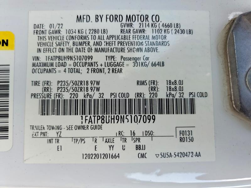 62766976 :رقم المزاد ، 1FATP8UH9N5107099 vin ، 2022 Ford Mustang مزاد بيع