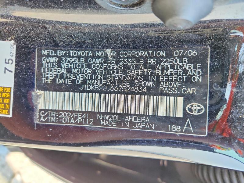 61854216 :رقم المزاد ، JTDKB22U667524834 vin ، 2006 Toyota Prius مزاد بيع