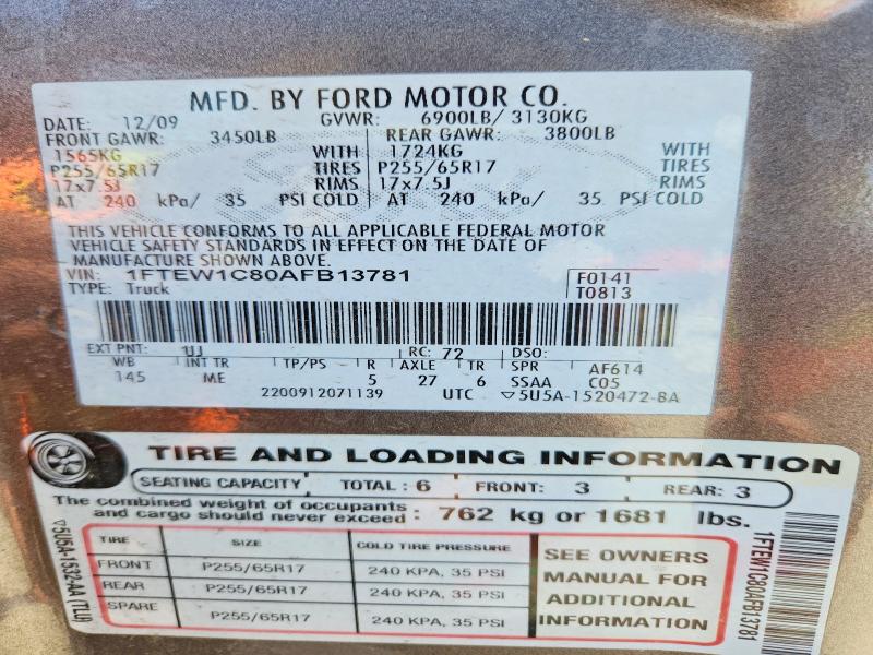 62359216 :رقم المزاد ، 1FTEW1C80AFB13781 vin ، 2010 Ford F150 مزاد بيع